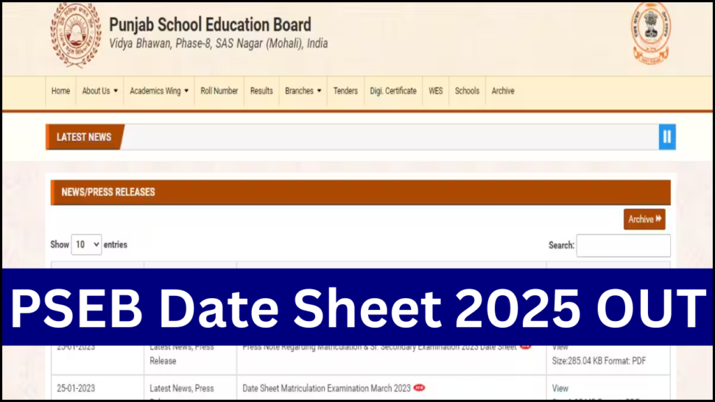 PSEB Date Sheet 2025 OUT For Class 10th, 12th Board Exams, Download PDF @pseb.ac.in